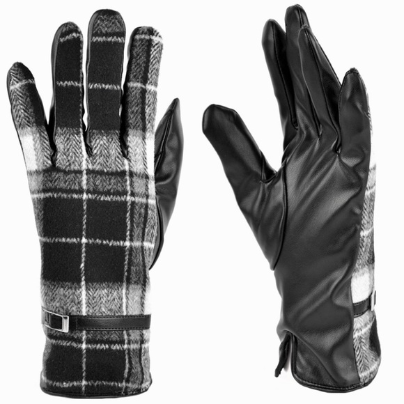 PLAID Black Touch Screen Compatible Vegan Leather Gloves - Picture 5 of 5